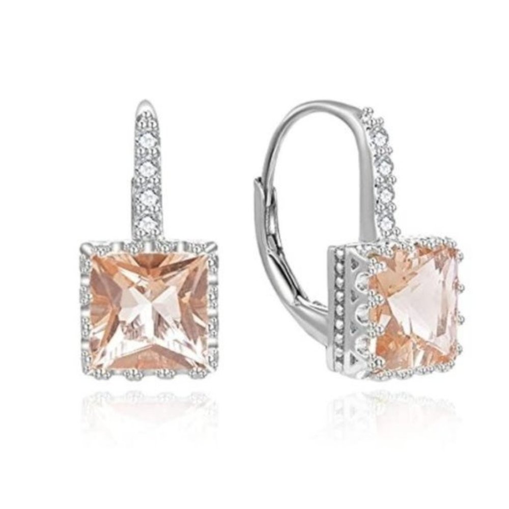 Morganite Princess Cut 925 Silver Earrings